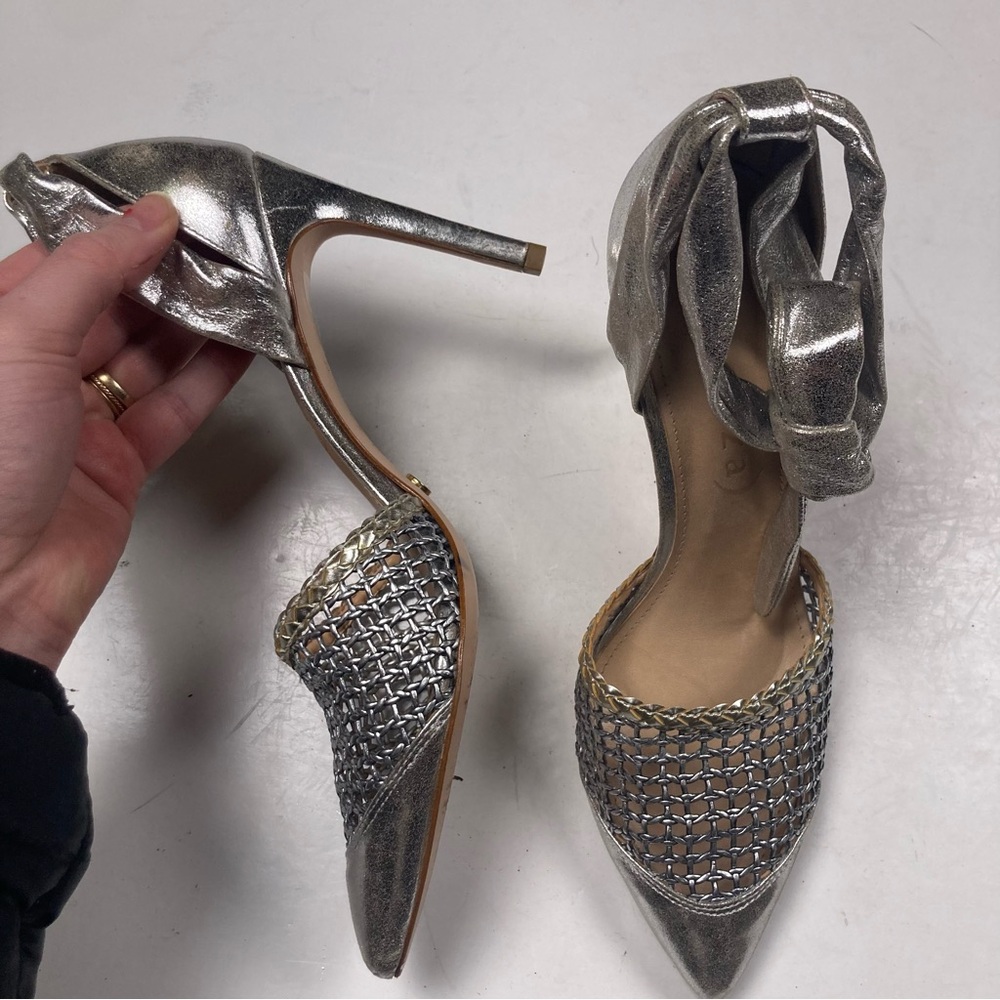VICENZA Metallic Silver Weave Pointed Toe Ankle Tie Stiletto Heel Made in Brazil